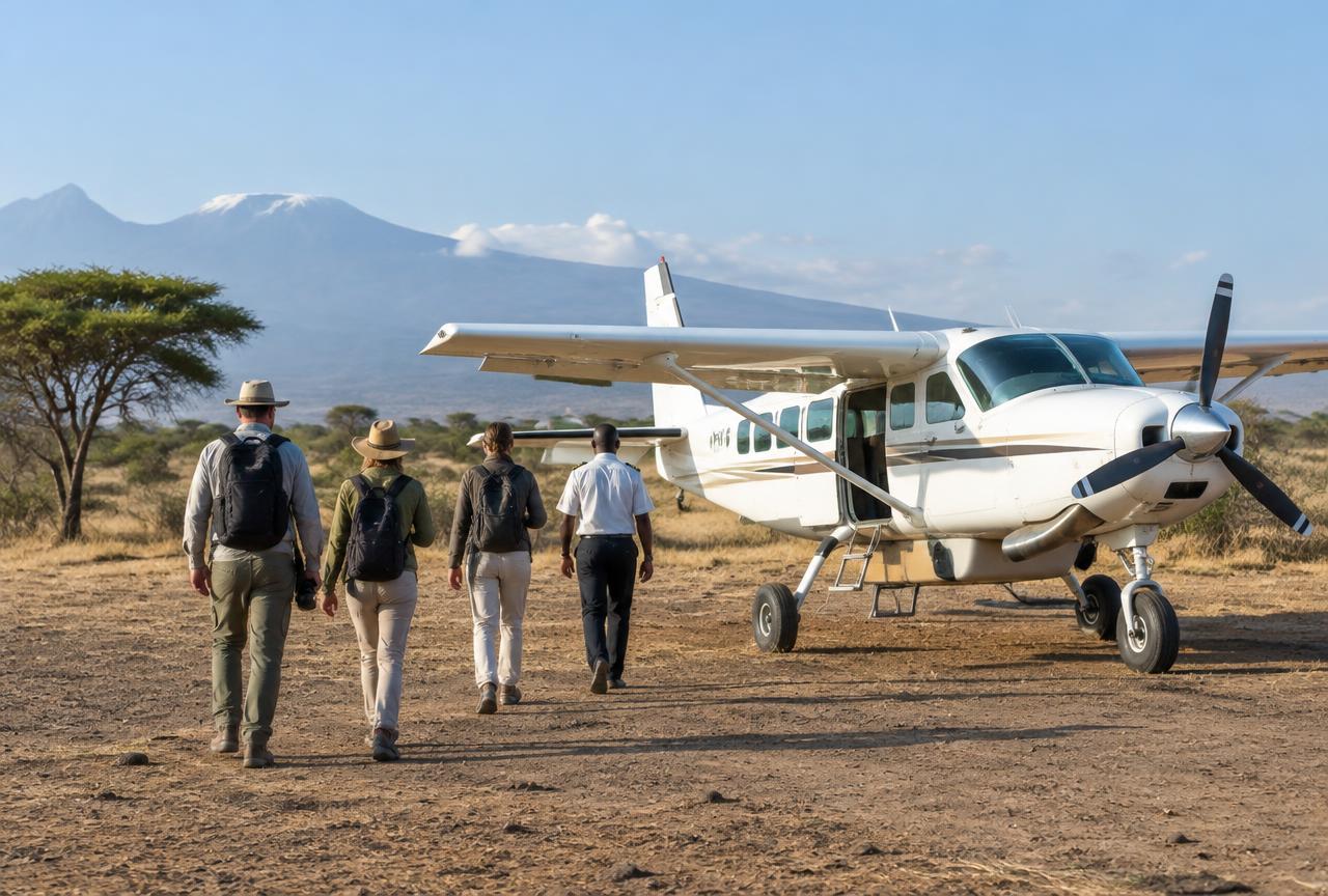 Travellers walking to a light aircraft on a bush airstrip