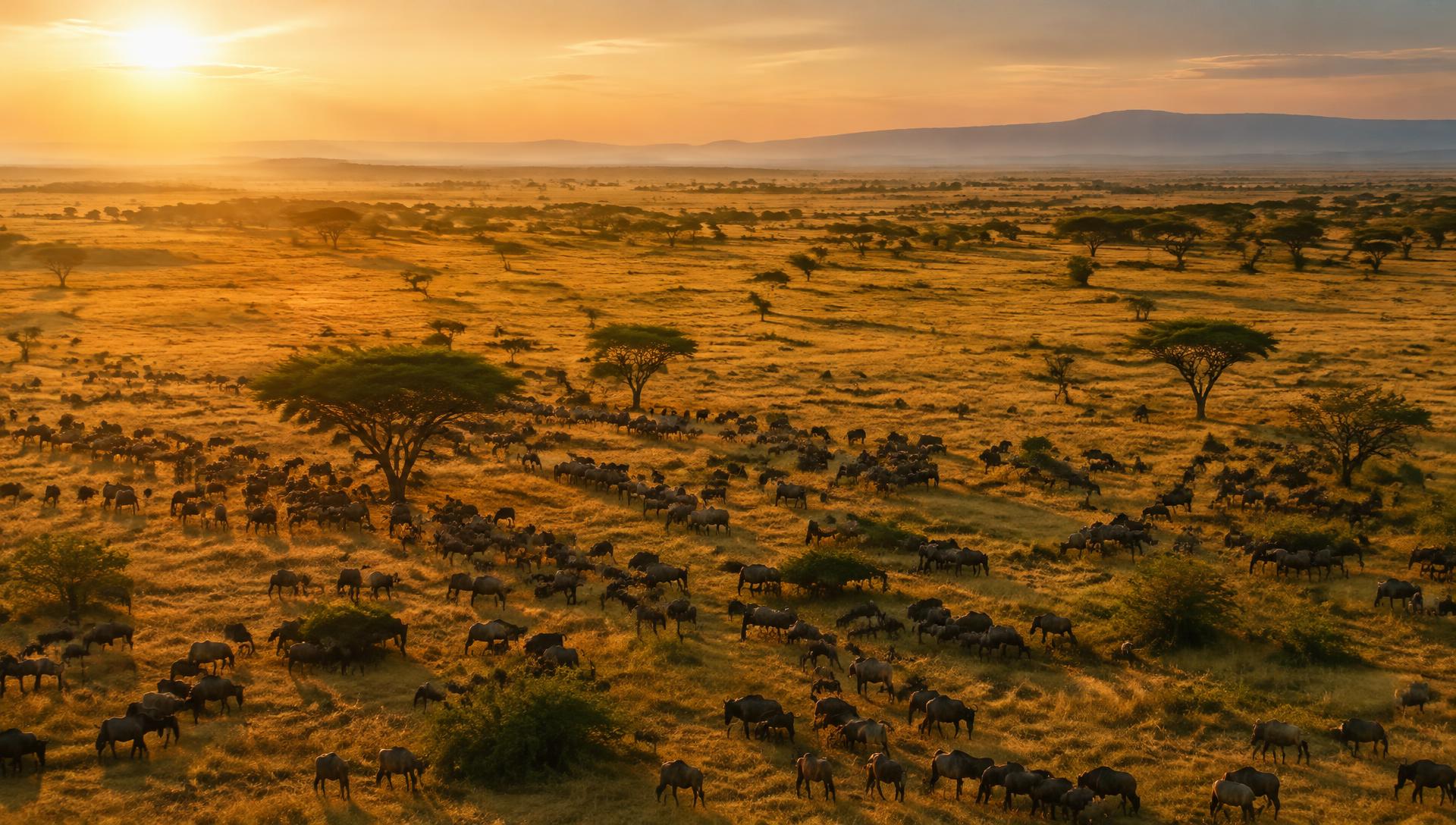 Wildebeest herds across the Serengeti at sunrise