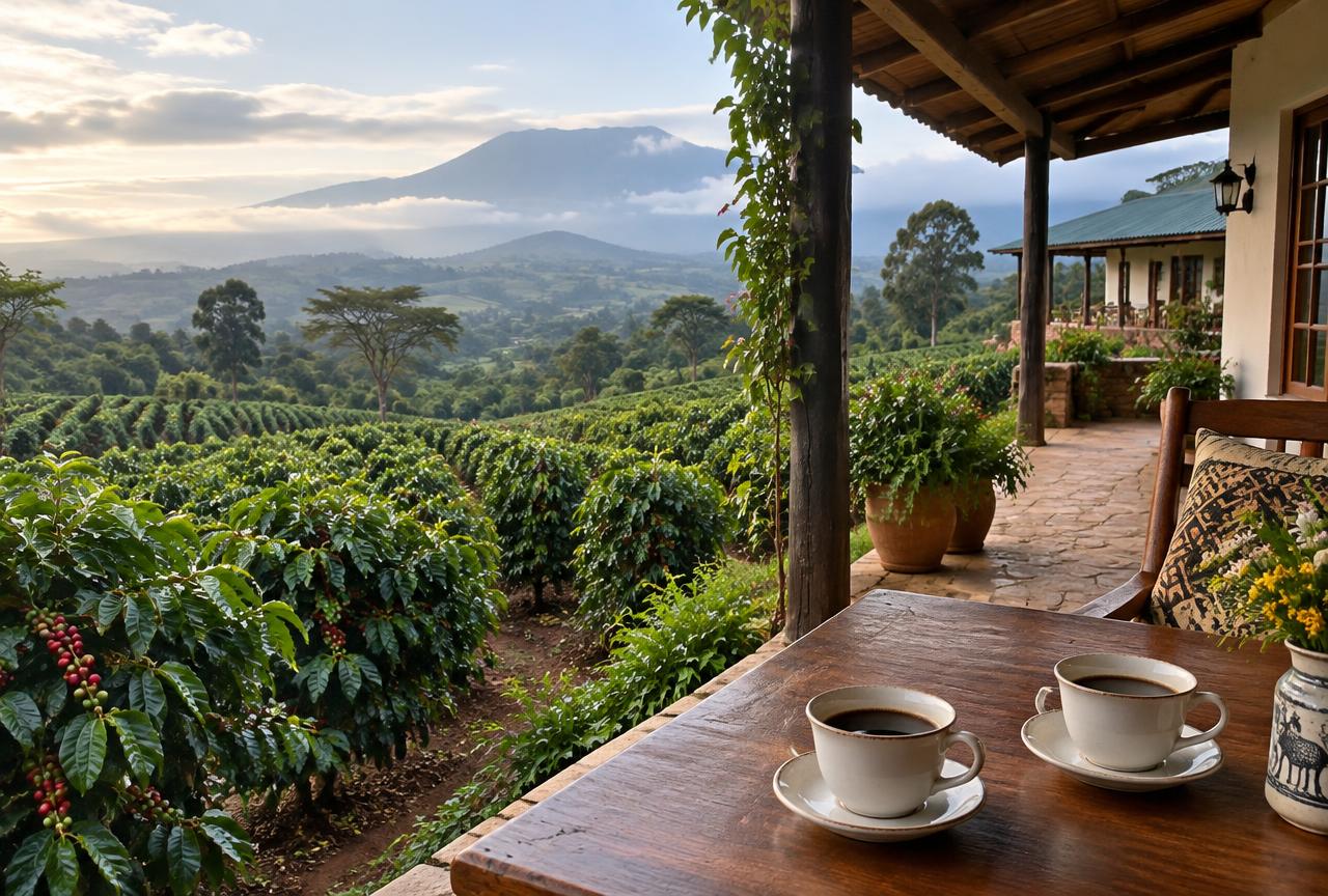 Coffee farm veranda with mountain views in the Tanzanian highlands