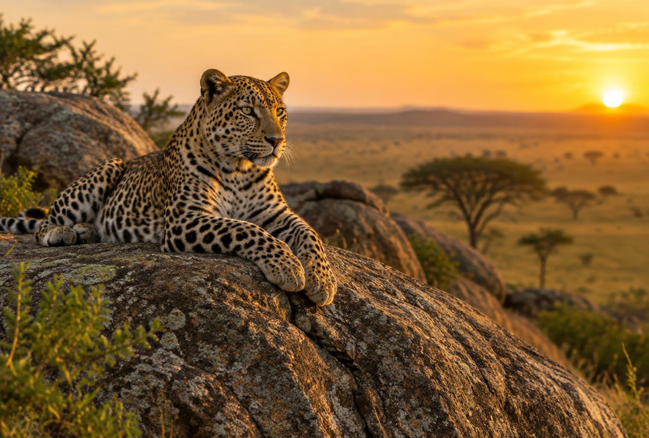 Leopard resting on a granite kopje in the Serengeti