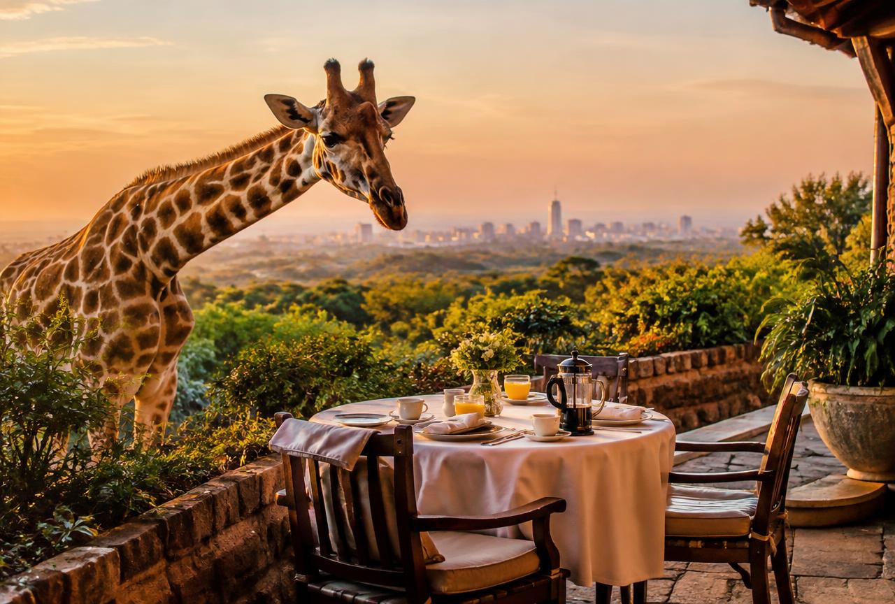 Giraffe beside a breakfast terrace in Nairobi