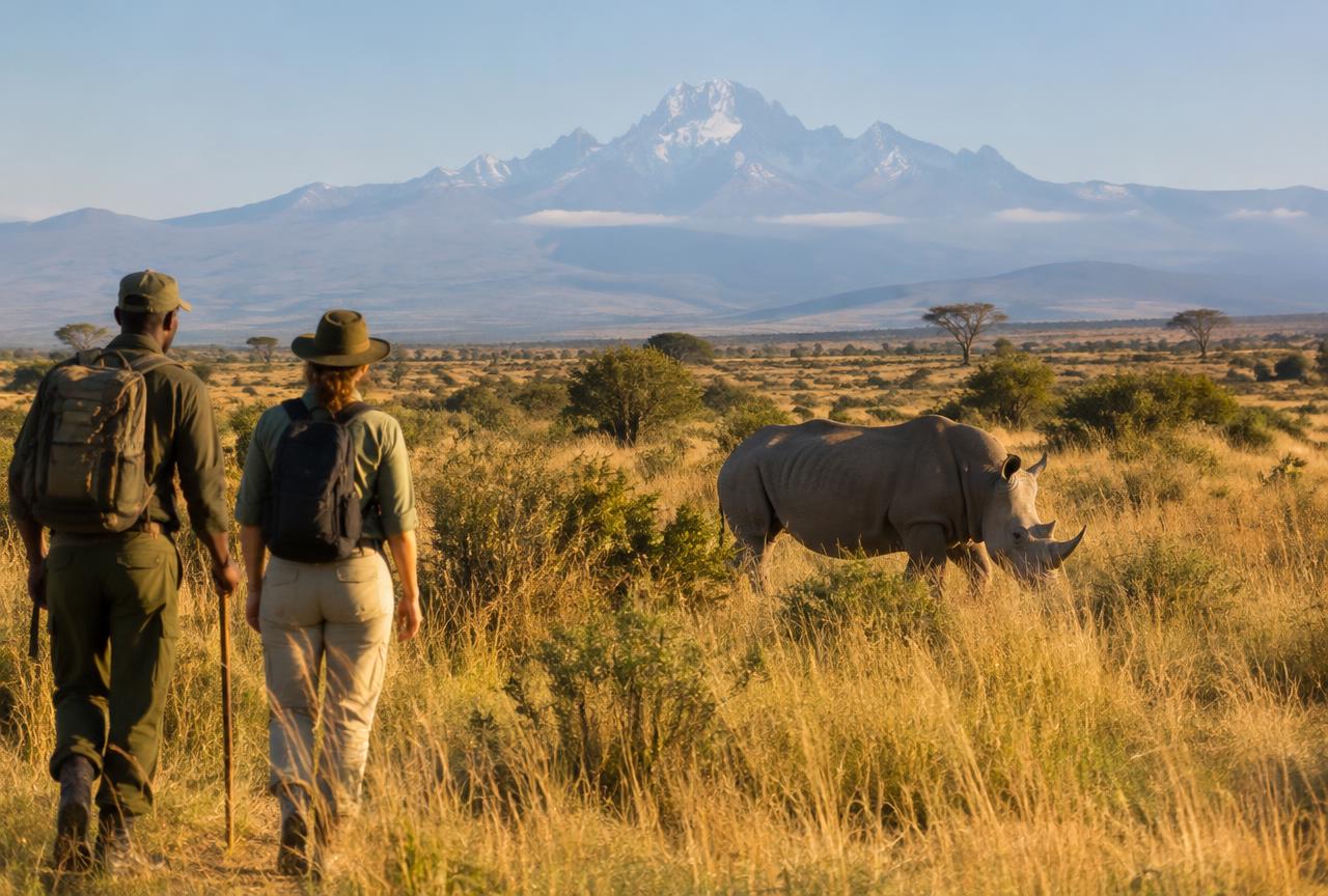 Ranger and guest walking near a white rhino with Mount Kenya behind