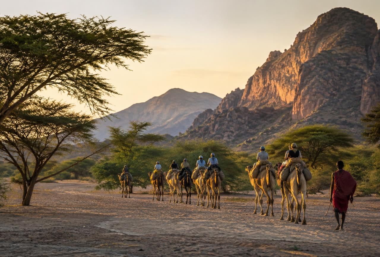 Camel caravan crossing a dry riverbed at sunset