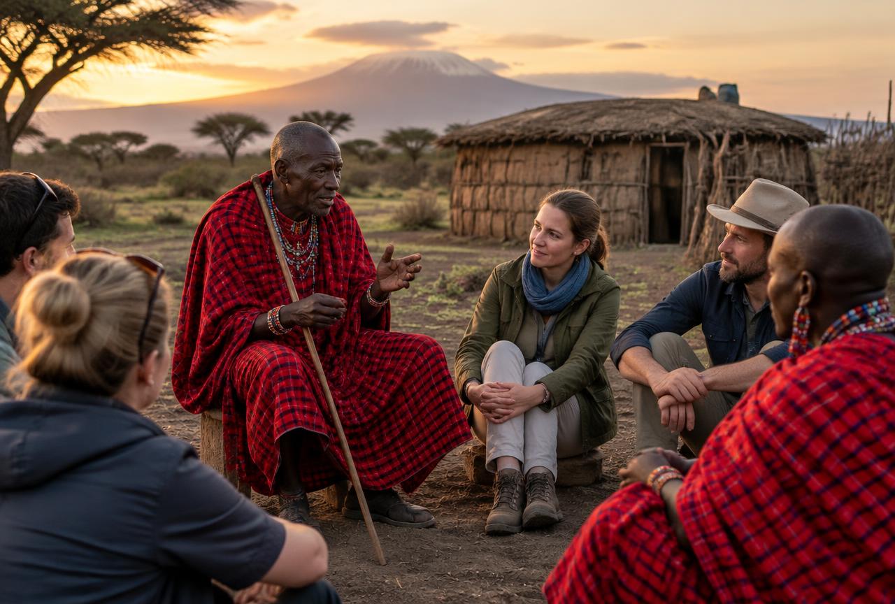 Maasai elder sharing stories with travellers