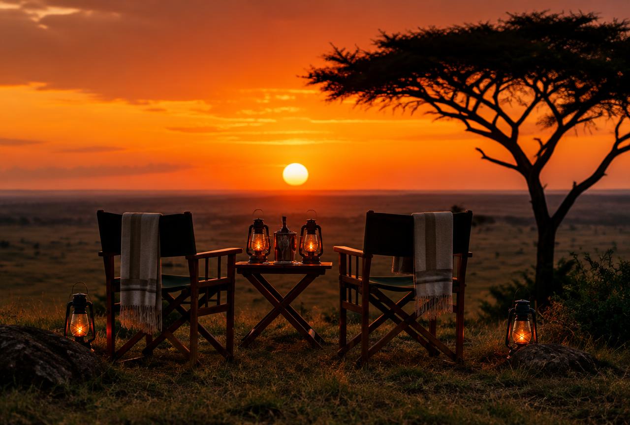 Two chairs and lanterns facing a Mara sunset