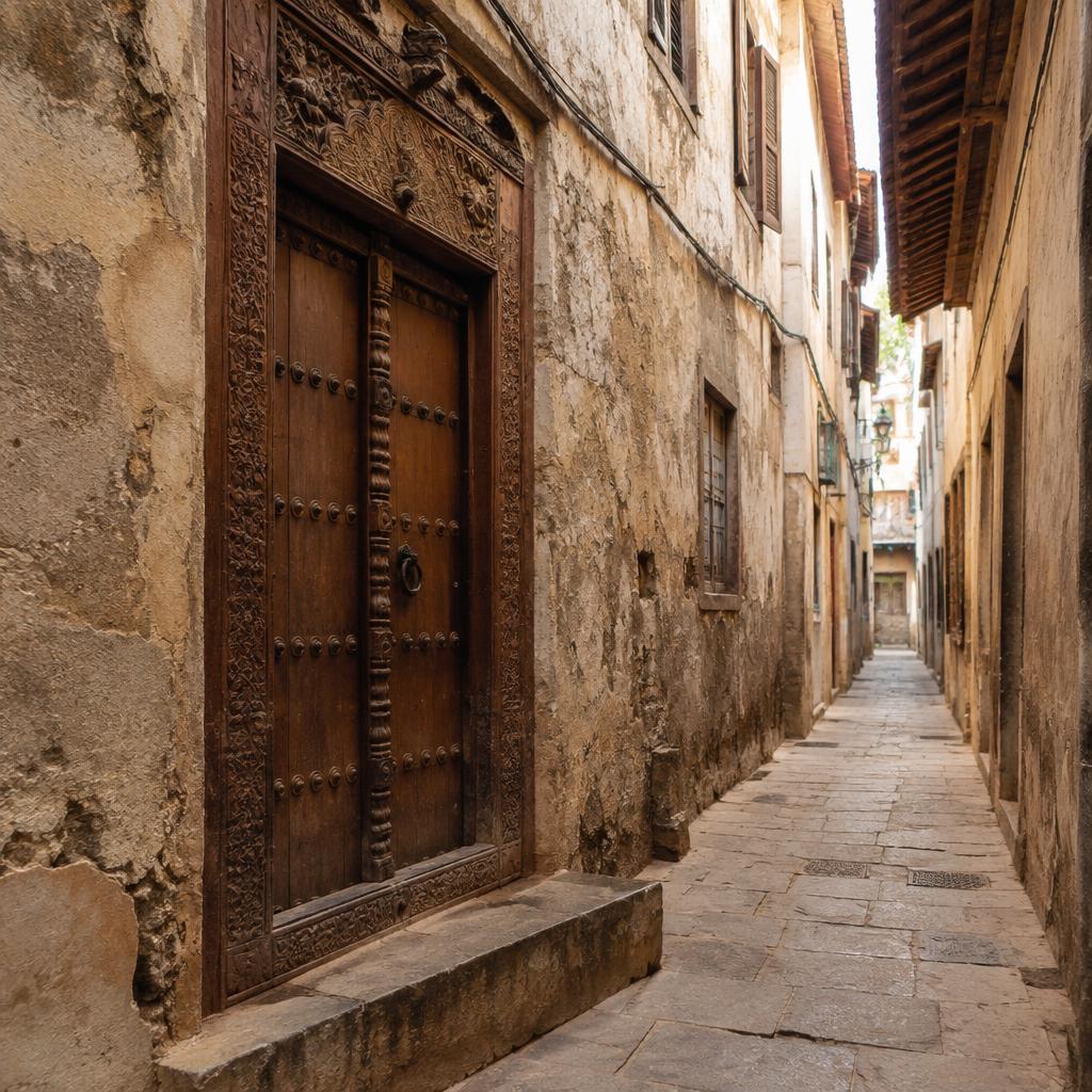 Carved wooden Swahili door in a Stone Town alley