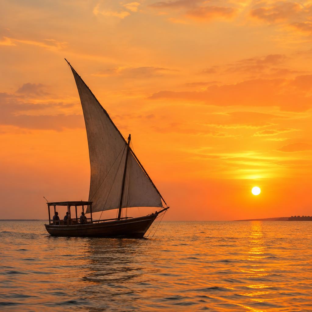 Traditional dhow sailing at sunset off Zanzibar