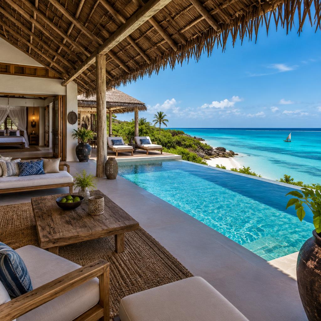 Private villa terrace and pool overlooking the Indian Ocean
