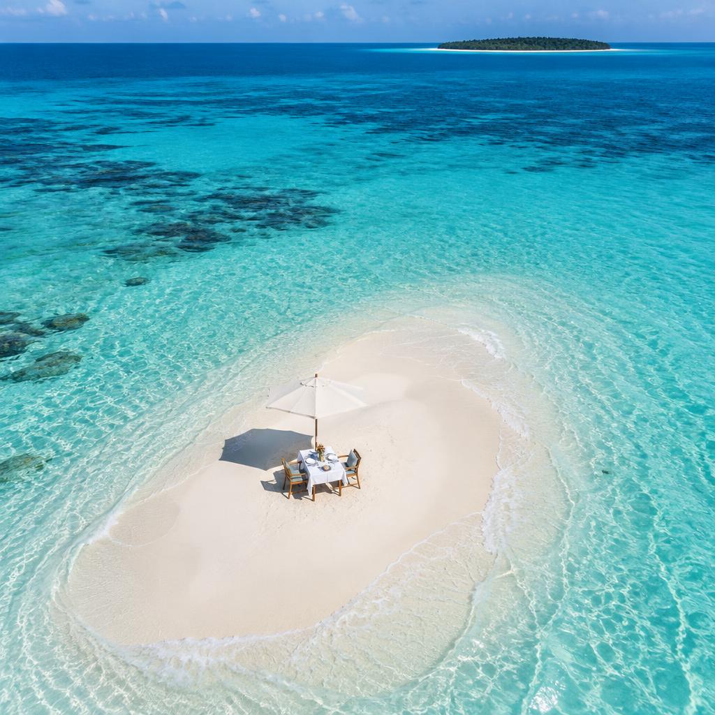 Lunch table set on a white sandbank in turquoise water