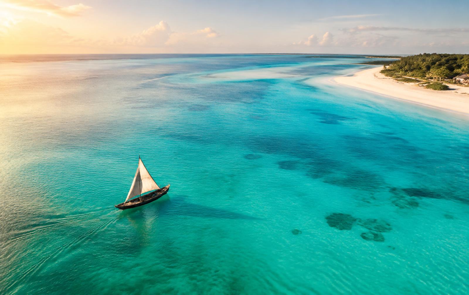 Dhow sailing over a turquoise Zanzibar lagoon